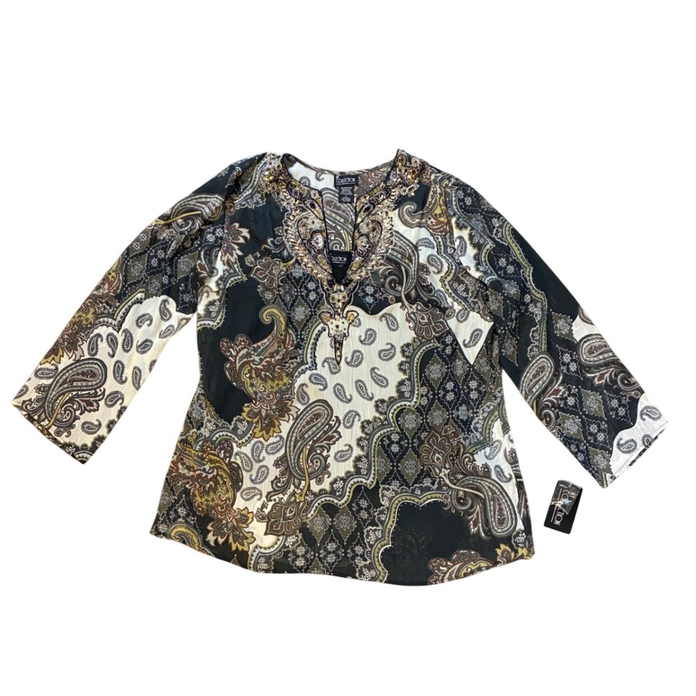 NY Collection Woman Paisley Beaded Sheer Tunic With Cami 2 Piece Set Size X